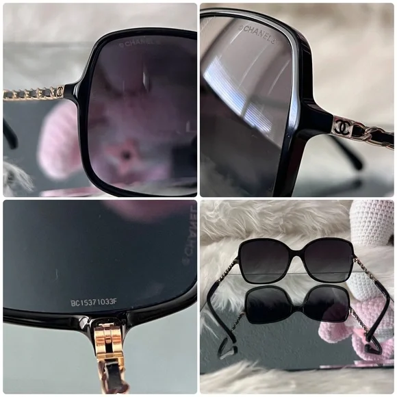 CHANEL CC Logo Lambskin Square Chain Sunglasses in Black